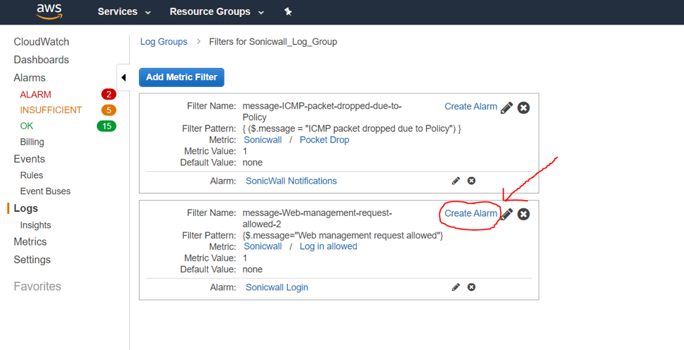 Creating an alarm from a log group in the AWS.
